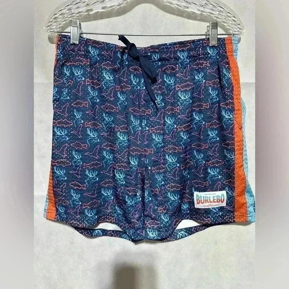 $54 NWOT BURLEBO Gym Shorts Mens M Mesh Athletic NEON Deer Fish Bird BLUE ORANGE